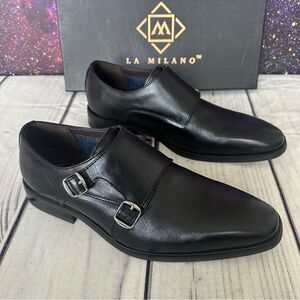La Milano Men’s Double Monk Strap Black Leather Formal Dress Shoes Sz 9.5